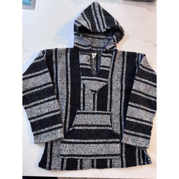 Mexican Poncho Small Baja Woven Blanket Jacket Hippie Pullover Black White - Picture 1 of 12